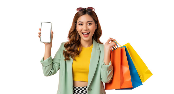 Excited Asian woman holding shopping bags and showing mobile phone with blank screen isolated on black background presenting promotional content or sale offers