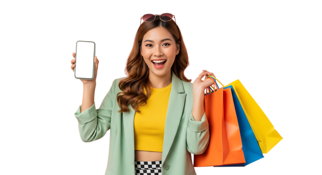 Excited Asian woman holding shopping bags and showing mobile phone with blank screen isolated on black background presenting promotional content or sale offers  - Powered by Adobe
