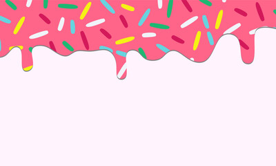Pink Dripping Donut Glaze Background with Colorful Sprinkles. Dessert Topping Vector Illustration. Sweet Candy Glaze Drip Pattern is perfect for bakery branding, candy packaging, and party invitations