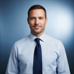 Professional headshot of a man in a blue striped shirt