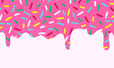 Pink Dripping Donut Glaze Background with Colorful Sprinkles. Dessert Topping Vector Illustration. Sweet Candy Glaze Drip Pattern is perfect for bakery branding, candy packaging, and party invitations