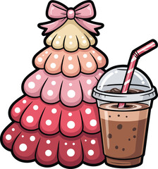 Kawaii Pink Christmas Tree with Bow and Iced Coffee – Cute Holiday Vector