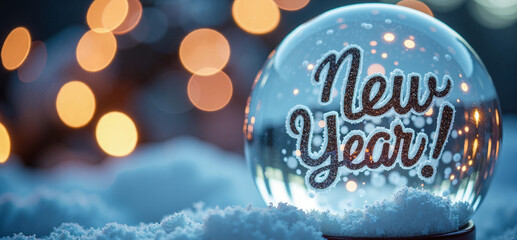 Macro close-up of a glittering snow globe with cursive New Year text, shallow focus on falling snow crystals with pastel bokeh.