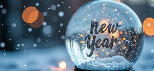 Macro close-up of a glittering snow globe with cursive New Year text, shallow focus on falling snow crystals with pastel bokeh.