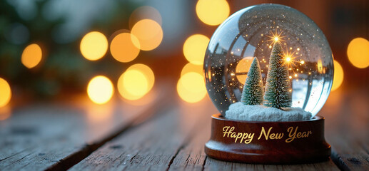 Close up of a glass snow globe inscribed Happy New Year in gold on wooden base, on rustic table with warm bokeh lights  