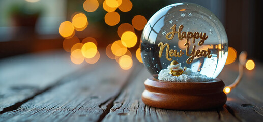 Close up of a glass snow globe inscribed Happy New Year in gold on wooden base, on rustic table with warm bokeh lights  