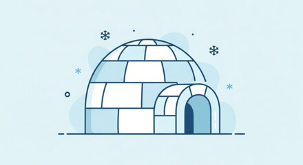 Simple line art illustration of an igloo structure made of snow block in a cold winter environment with falling snowflakes