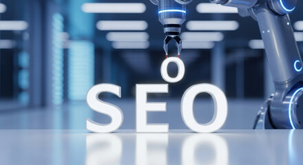 Robot arm using automation technology for seo optimization key digital marketing strategy. This innovative approach to search engine process represents future of web ranking