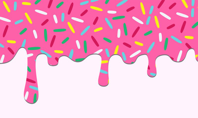 Pink Dripping Frosting with Colorful Sprinkles. Strawberry Pink Melting Drip Icing with Candy Sprinkles. Donut Icing Melted Cream perfect for dessert packaging, bakery branding, donut-themed designs