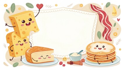 Fototapeta premium Happy food family border smiling cheese, bacon, pancakes, playful style