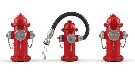 Fototapeta premium Three Bright Red Fire Hydrants Lined Up With The Center Unit Connected To A Black Hose And Silver Nozzle Dripping Crystal Clear Water Drops Isolated On A Pure White Background Showcasing Vit