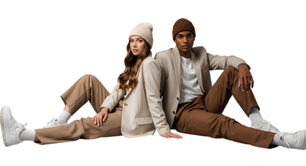 Stylish diverse couple modeling matching blazers and beanies in a studio shot promoting fashion trends and inclusive representation with confident expression