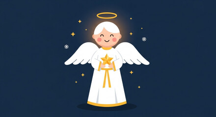 Cute cartoon angel character with white wings and halo holding a golden star against a dark blue starry night background illustration