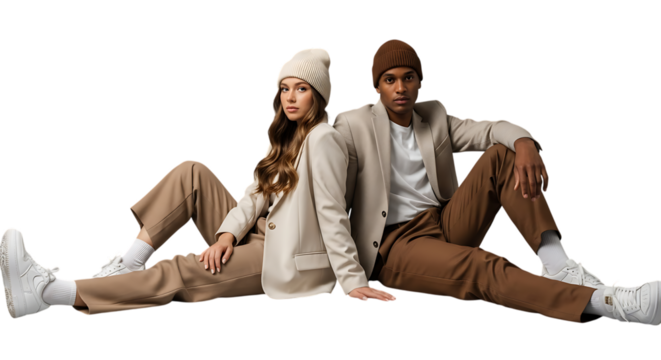 Stylish diverse couple modeling matching blazers and beanies in a studio shot promoting fashion trends and inclusive representation with confident expression