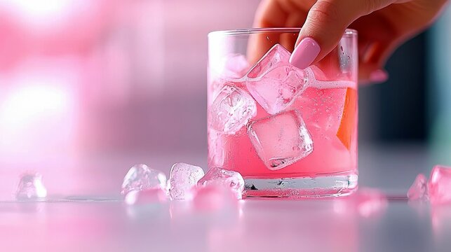 A close-up shot of a hand with pink painted nails reaching into a clear glass filled with a pink beverage and ice cubes. An orange slice is visible within the d