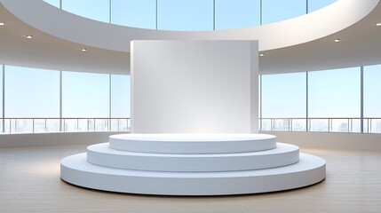 Minimalist presentation stage with curved white podium, bright natural light, large windows overlooking a city skyline, ideal for events and displays