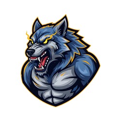 Wolf mascot logo design blue grey color, energetic vibes,power sign 
