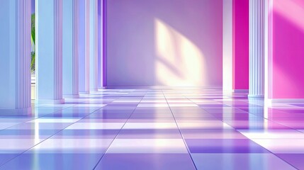 A long, empty hallway with classical columns and a tiled floor reflecting sunlight, creating a bright and airy atmosphere.