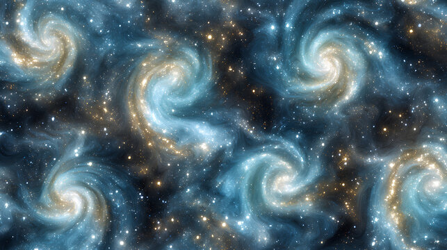 淡い水色の渦状銀河が広がる幻想的な宇宙パターン