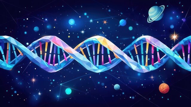 Colorful DNA helix in space. Polygonal design