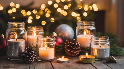 Holiday Season Candles and Ornaments with Warm Bokeh Background Lighting