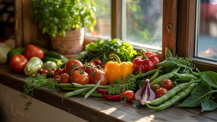 Freshly picked organic vegetables on a rustic wooden windowsill display