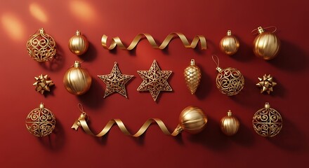 Festive Gold Christmas Ornaments and Decorations on Elegant Red Background for Holiday Celebration and Seasonal Decor