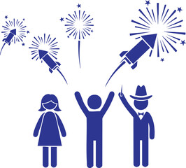 Celebration of national holiday with fireworks and stick figures enjoying the festive atmosphere cheerfully