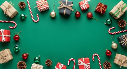 Festive Holiday Decorations with Gift Boxes, Candy Canes, Ornaments, and Pine Cones on Vibrant Green Background for Christmas Celebration and Seasonal Greetings