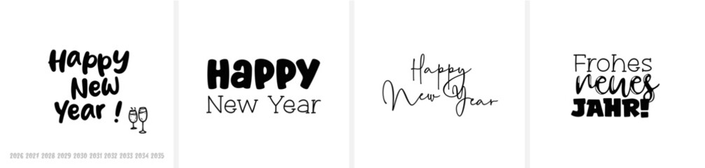 “‘Frohes neues Jahr’ & ‘Happy New Year’ in calligraphy / hand-lettered script; all letters individually selectable. Includes year numbers for free placement.”