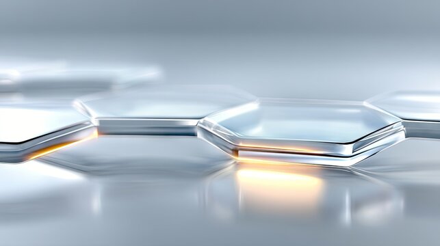 Abstract composition of translucent hexagonal shapes with a warm orange glow emanating from one of them. The shapes are arranged on a mirrored surface, creating - Powered by Adobe