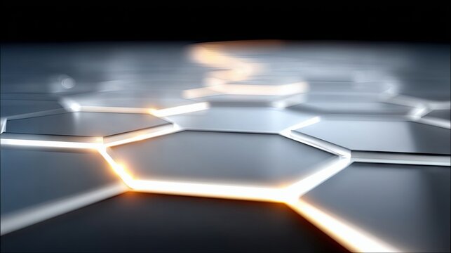 An abstract, futuristic background featuring a hexagonal grid pattern with glowing orange and white light lines along the edges, creating a sense of technology