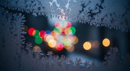 Festive Holiday Lights Through Frosted Window with Frosty Border in Soft Focus