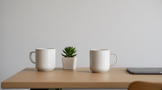 Minimalist workspace with coffee mugs succulent and laptop on desk