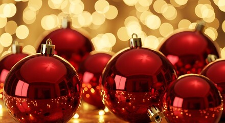 Festive Red Christmas Ornaments with Warm Bokeh Lighting for Holiday Celebrations and Seasonal Decorations
