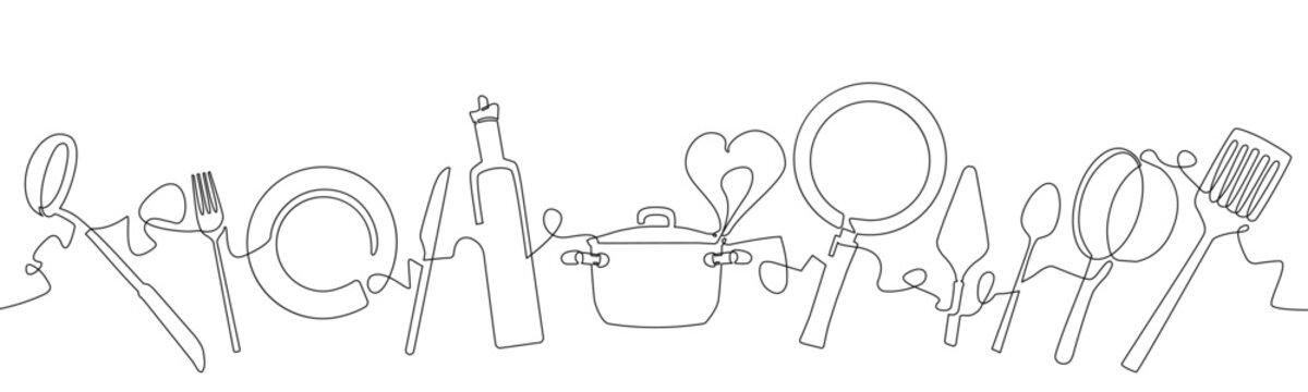 Naklejki Horizontal illustration with Cooking Utensils in continuous line drawing style. Culinary isolated background. Vector design element.