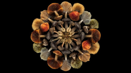 Artistic arrangement of various mushrooms in a circular pattern on black background