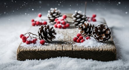 Festive Winter Scene with Pine Cones and Red Berries on Snowy Wooden Plank for Holiday Decor and Seasonal Celebrations