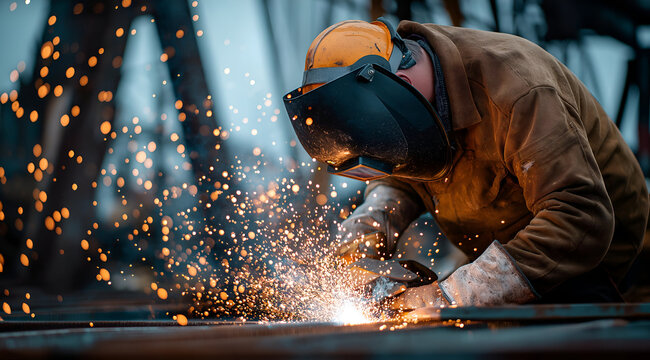 A skilled worker welding metal, creating sparks in a workshop environment, showcasing industrial craftsmanship and safety.