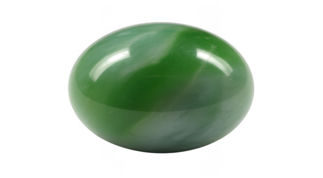 Smooth green polished stone with swirling white patterns isolated on a transparent background