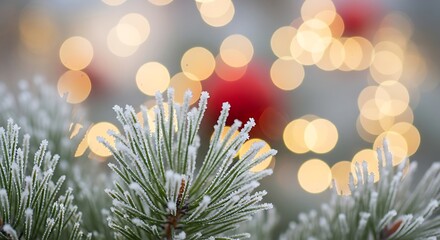 Frosted Pine Branch with Bokeh Light Effects Creating a Winter Holiday Atmosphere