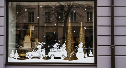 Christmas shop window display with white holiday decals and golden gift boxes