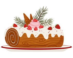 Christmas Yule Log Cake with Strawberries - Festive Holiday Dessert Illustration. Ideal for holiday cards, posters, bakery packaging and seasonal digital designs