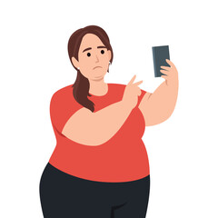 Sad Fat Woman Taking Selfie with Smartphone. Flat vector illustration isolated on white background