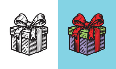 A gift box with a large decorative ribbon, drawn with bold lines and detailed shading for a festive look.