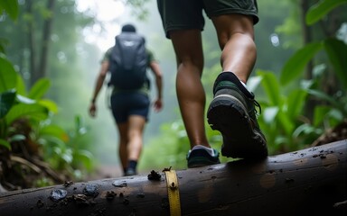 Jungle Challenge: In a low angle shot, an Asian couple attempts to climb over a log in a raining jungle, with the focus on their trekking shoes in this adventurous and challenging trek. High quality