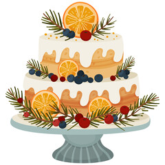 Christmas Layer Cake with Oranges and Berries - Festive Holiday Dessert Illustration