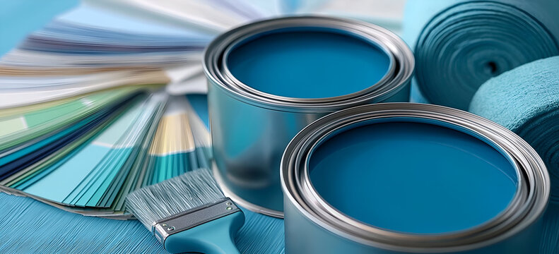 Two open paint cans reveal vibrant blue paint, surrounded by color palettes and painting tools, inspiring creativity and home renovation.