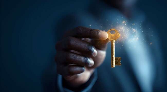 A hand holding a golden key with a mystical glow, symbolizing opportunity, secrets, or unlocking potential in a business context.