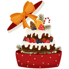 Christmas Cake in Gift Box - Festive Holiday Dessert Illustration
